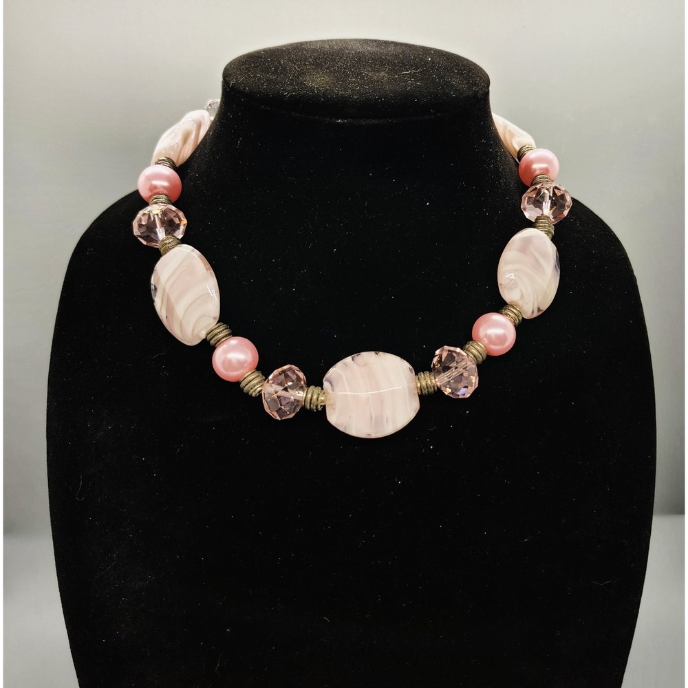 Pink White Swirl Glass Beaded Statement Necklace Adjustable Faceted Charm Silver
